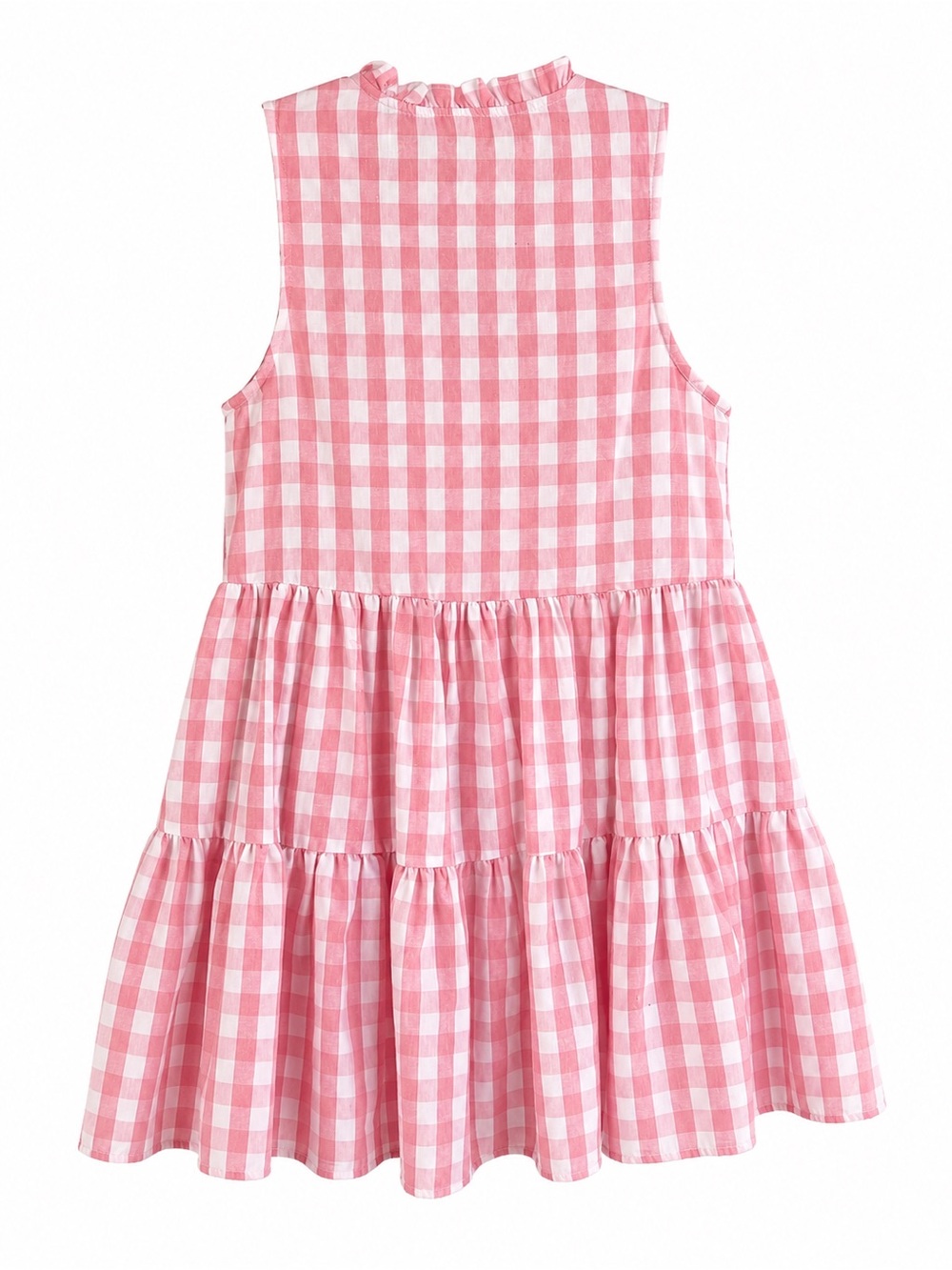 ENTRO Gingham Dress S Pink White Tiered Ruffle Dress with Pockets 100% Cotton - Picture 2 of 8